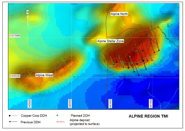 Alpine region showing completed and proposed drilling over regional total magnetic intensity image (TMI)